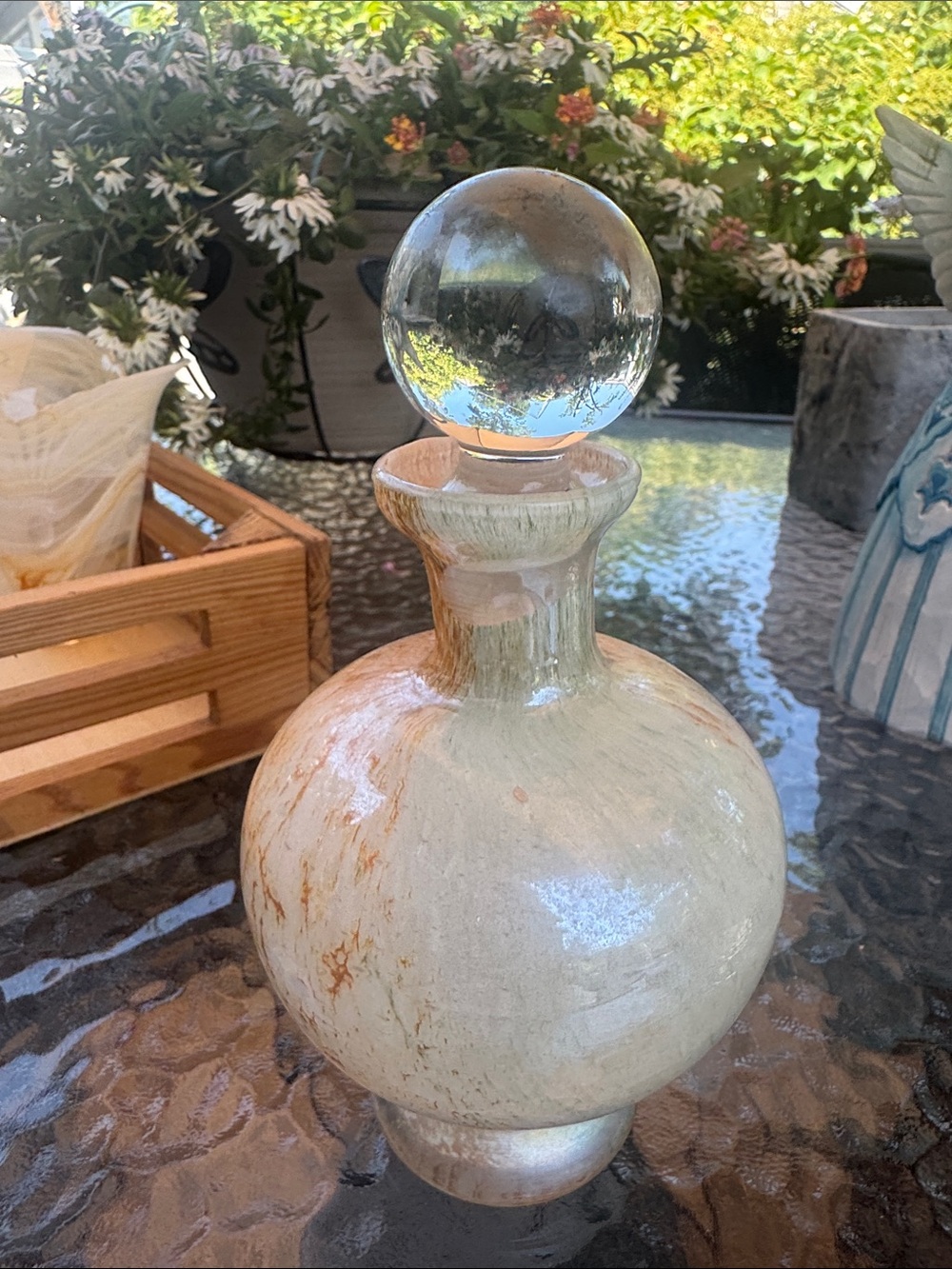 Iridescent Murano Decanter with Glass Stopper - Cream & Gold Tones